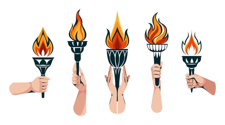 Hands collection with flaming torch. Burning torch flame in hand. Symbols of relay race, competition victory, champion or winner. hand draw illustration isolated on white. illustration
