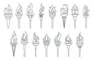 Flaming torch icons outline collection. Outline torch with flame. Burning flame. Sport fire sign. Competitions, athletic, champion, sports game or freedom torches with flames icon. illustration vector