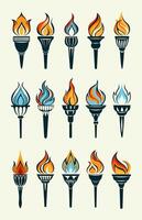 Flaming torch icons collection. Cartoon torch with flame. Burning fire or flame. Sport fire sign. Competitions, athletic, champion, sports game or freedom torches with flames icon. illustration vector