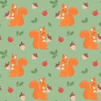Seamless pattern with cute squirrel with acorn in cartoon flat style. Forest animal background for print, textile, wrapping paper, wallpaper, nursery vector