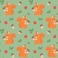 Seamless pattern with cute squirrel with acorn in cartoon flat style. Forest animal background for print, textile, wrapping paper, wallpaper, nursery vector