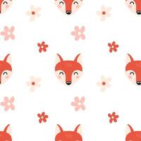 Seamless pattern with cute happy fox head and flowers in cartoon hand drawn style. Kids design for print, textile, wrapping paper, wallpaper, nursery. vector
