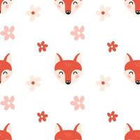 Seamless pattern with cute happy fox head and flowers in cartoon hand drawn style. Kids design for print, textile, wrapping paper, wallpaper, nursery. vector