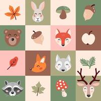 Seamless pattern with cute forest animals faces and autumn elements in cartoon flat style. Kids design for print, textile, wrapping paper, wallpaper, nursery. vector