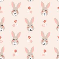Seamless pattern with cute funny hare head and flowers on pink background. Kids design for print, textile, wrapping paper, wallpaper, nursery. vector