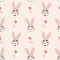 Seamless pattern with cute funny hare head and flowers on pink background. Kids design for print, textile, wrapping paper, wallpaper, nursery. vector