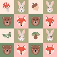 Seamless pattern with cute forest animals faces and autumn elements in cartoon flat style. Kids design for print, textile, wrapping paper, wallpaper, nursery. vector