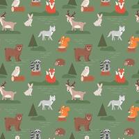 Seamless pattern with cute forest animals in cartoon flat style. Kids design for print, textile, wrapping paper, wallpaper, nursery. vector