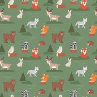 Seamless pattern with cute forest animals in cartoon flat style. Kids design for print, textile, wrapping paper, wallpaper, nursery. vector