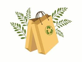 eco simpático cartulina embalaje para compras. papel compras bolsa. Respetuoso del medio ambiente reutilizable y reciclable Kraft bolsa, ecología signo. reciclar, cero desperdiciar, eco simpático concepto. hojas, sucursales. vector