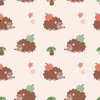 Seamless pattern with cute hedgehog with apple, mushroom and flower. Forest animal background for print, textile, wrapping paper, wallpaper, nursery. vector