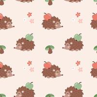 Seamless pattern with cute hedgehog with apple, mushroom and flower. Forest animal background for print, textile, wrapping paper, wallpaper, nursery. vector