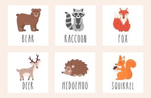 Set of cards with forest animals. Cute cartoon bear, fox, raccoon, deer, hedgehog, squirrel. Posters for print, posters, stickers, nursery. vector