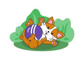 Cute funny puppy plays with a ball on the grass in a park, lawn. Cartoon corgi dog. Cheerful pet with a toy. Tree, bush illustration on isolated background. vector