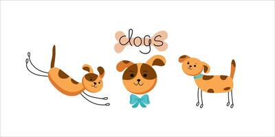 Cartoon pets, dogs in different poses. Set cute puppies, animals. Hand lettering. Background isolated. vector