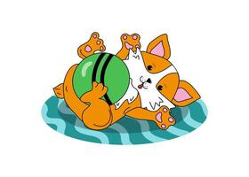 Cute funny puppy plays with a ball. Cartoon corgi dog on the rug. Cheerful pet with toy, illustration on isolated background. vector