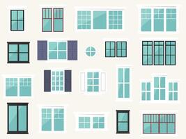 Front windows for house set. Various wooden and plastic windows types in flat style. Collection of windows for buildings. illustration vector