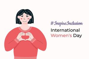 Inspire inclusion inspireinclusion 2024 women. The girl holds her hands in the shape of a heart. Poster in the flat style. illustration vector