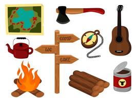 Camping hiking items set flat. Travel elements collection. Summer travel stuff. Map, axe, kettle, pointer, guitar, canned food, campfire, firewood, compass. illustration vector