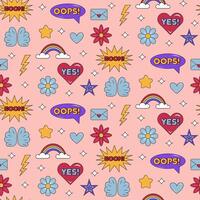 Y2K pattern. Retro seamless pattern with words oops, yes and boom, heart, rainbow, stars, flowers, wings, lighting, envelope. illustration vector