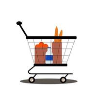 Shopping cart flat concept icon. Supermarket shopping cart with craft with oranges, baguette in paper bags and milk. illustration vector