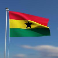 Ghana Flag is waving in front of a blue sky with blurred clouds in the background photo