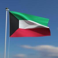 Kuwait Flag is waving in front of a blue sky with blurred clouds in the background photo