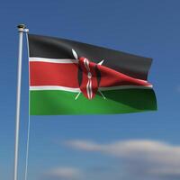 Kenya Flag is waving in front of a blue sky with blurred clouds in the background photo