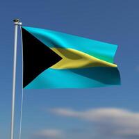 bahamas bandera es ondulación en frente de un azul cielo con borroso nubes en el antecedentes foto