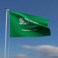 Saudi Arabia Flag is waving in front of a blue sky with blurred clouds in the background photo