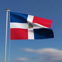 Dominican Republic Flag is waving in front of a blue sky with blurred clouds in the background photo