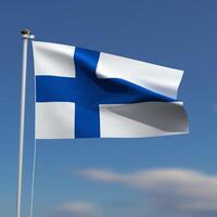 Finlandia bandera es ondulación en frente de un azul cielo con borroso nubes en el antecedentes foto