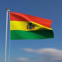Bolivia Flag is waving in front of a blue sky with blurred clouds in the background photo