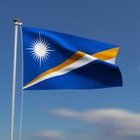 Marshall Islands Flag is waving in front of a blue sky with blurred clouds in the background photo