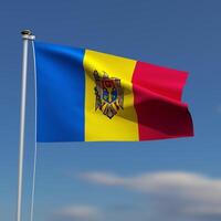 Moldova Flag is waving in front of a blue sky with blurred clouds in the background photo