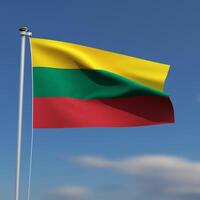 Lithuania Flag is waving in front of a blue sky with blurred clouds in the background photo