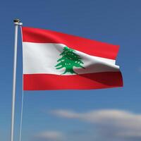 Lebanon Flag is waving in front of a blue sky with blurred clouds in the background photo