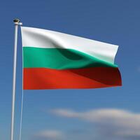 Bulgaria Flag is waving in front of a blue sky with blurred clouds in the background photo