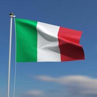 Italia bandera es ondulación en frente de un azul cielo con borroso nubes en el antecedentes foto