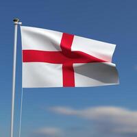 Inglaterra bandera es ondulación en frente de un azul cielo con borroso nubes en el antecedentes foto