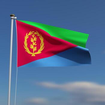 eritrea bandera es ondulación en frente de un azul cielo con borroso nubes en el antecedentes foto