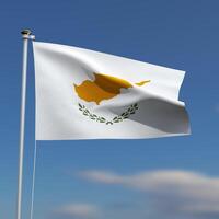 Cyprus Flag is waving in front of a blue sky with blurred clouds in the background photo