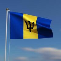 Barbados Flag is waving in front of a blue sky with blurred clouds in the background photo