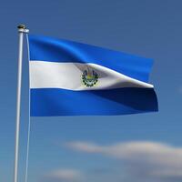 El Salvador Flag is waving in front of a blue sky with blurred clouds in the background photo