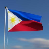 Philippines Flag is waving in front of a blue sky with blurred clouds in the background photo