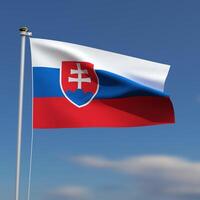 Slovakia Flag is waving in front of a blue sky with blurred clouds in the background photo