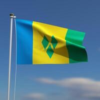Saint Vincent and the Grenadine Flag is waving in front of a blue sky with blurred clouds in the background photo