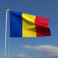 Romania Flag is waving in front of a blue sky with blurred clouds in the background photo