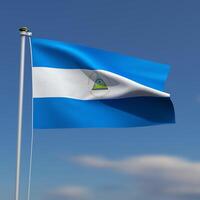 Nicaragua Flag is waving in front of a blue sky with blurred clouds in the background photo