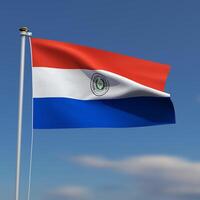 paraguay bandera es ondulación en frente de un azul cielo con borroso nubes en el antecedentes foto